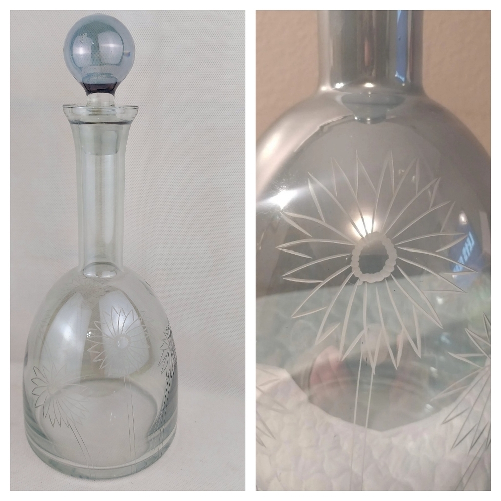 Vintage Roscher & Co. glass liquor flowers etched decanter round stopper Romania